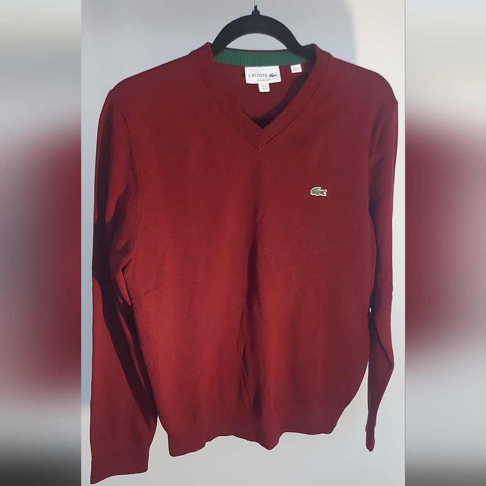 Lacoste CLASSIC Fit Mens Medium Burgundy V Neck Sweater